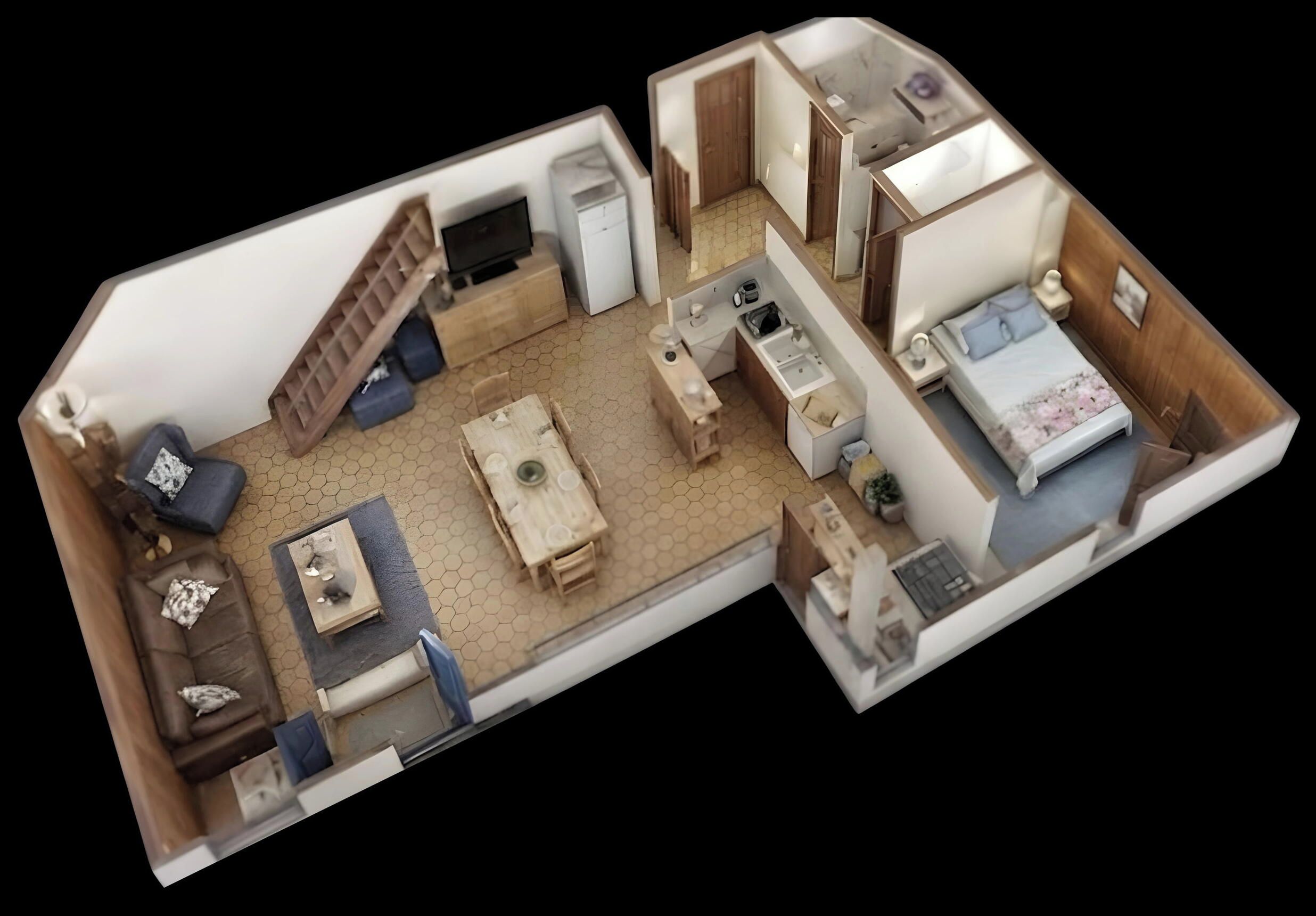 A 3D model of a hotel room with a bed, a desk, a chair, a small table, a sofa, a TV, and a bathroom.