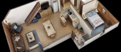 A 3D model of a hotel room with a bed, a desk, a chair, a small table, a sofa, a TV, and a bathroom.