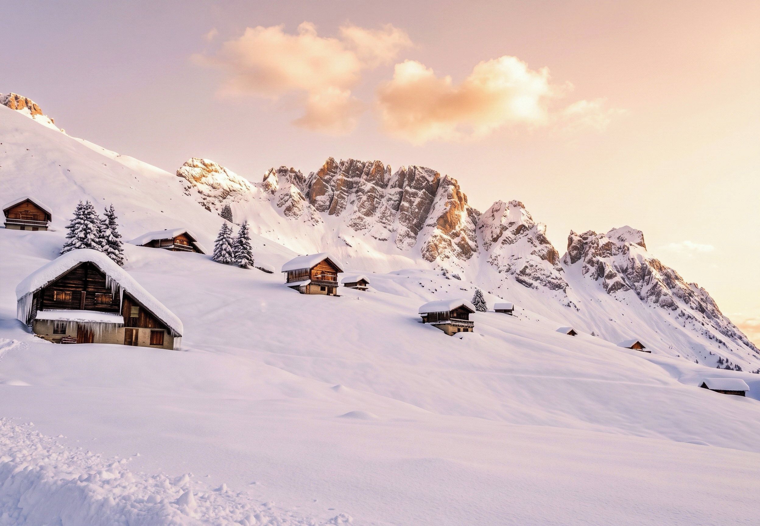 Paisaje nevado de montañas con cabañas de madera.