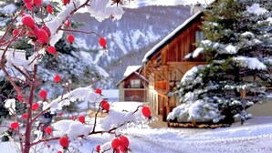 A wooden cabin with a snow-covered landscape and a tree with red berries. - CASA-Joubarbe Super 4p terrasse plein sud Arvieux! (Arvieux)