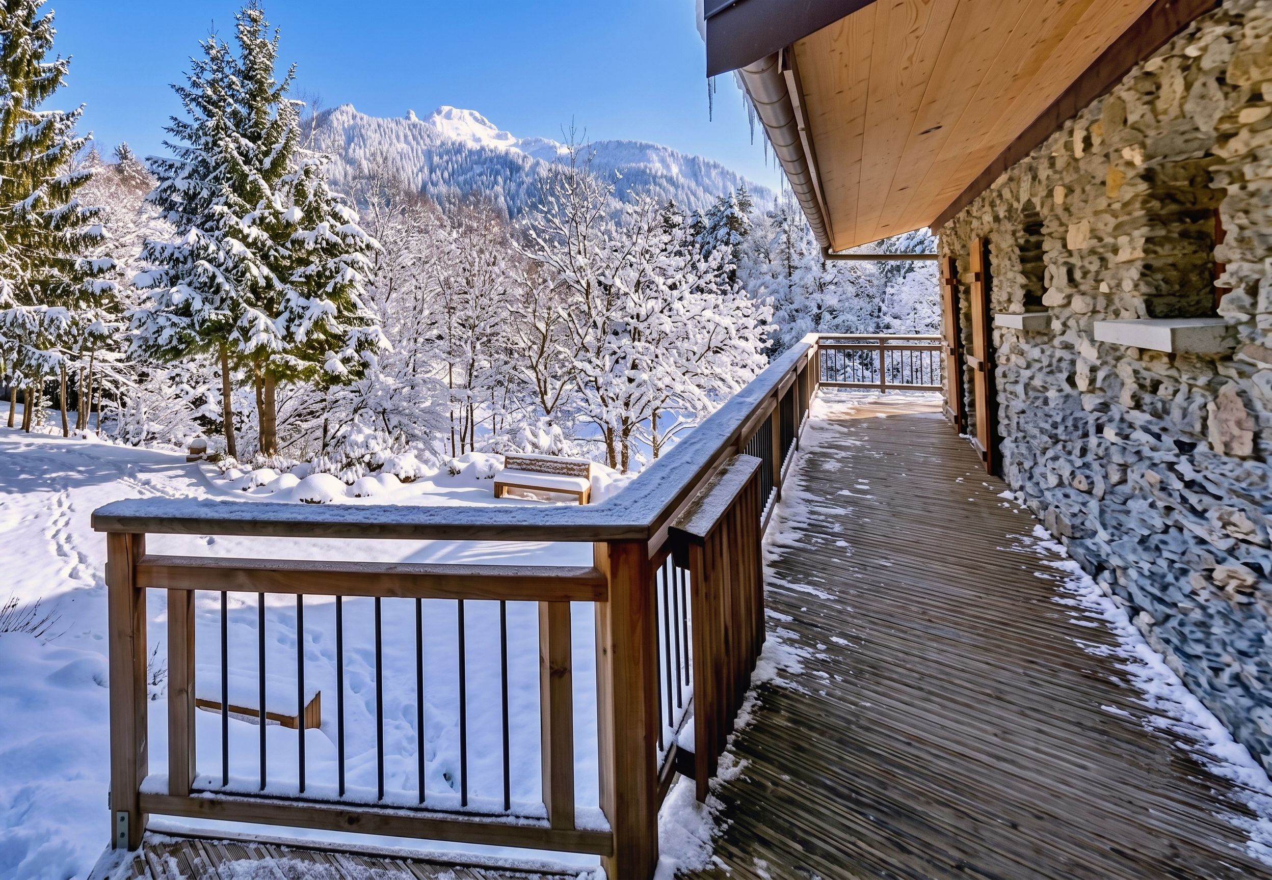 A wooden deck leading to a stone building with a view of snow-covered trees and mountains.