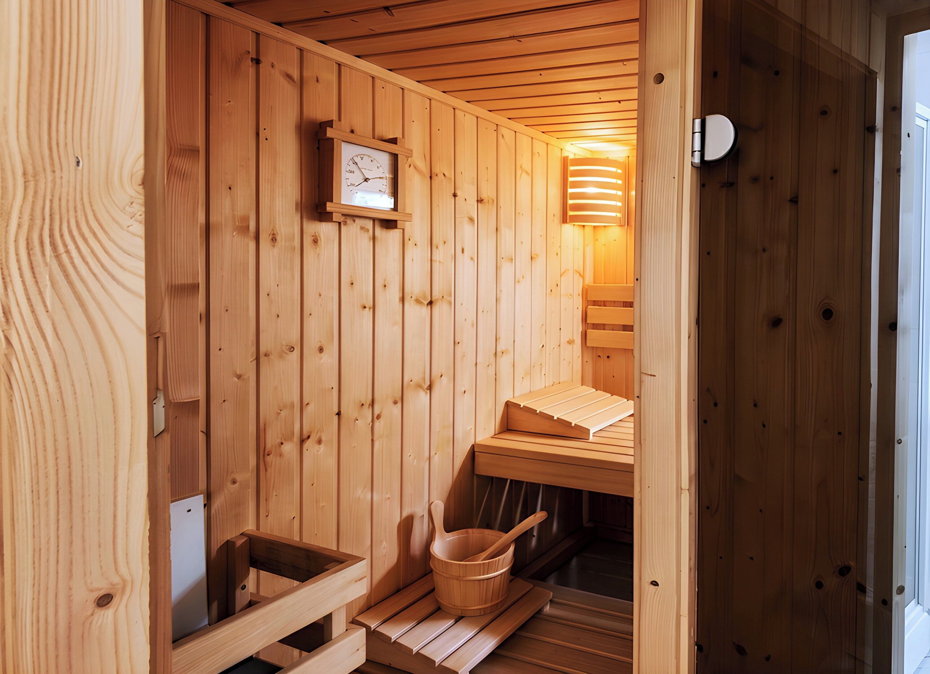 Un sauna en bois avec un banc en bois, un seau en bois et une horloge au mur.