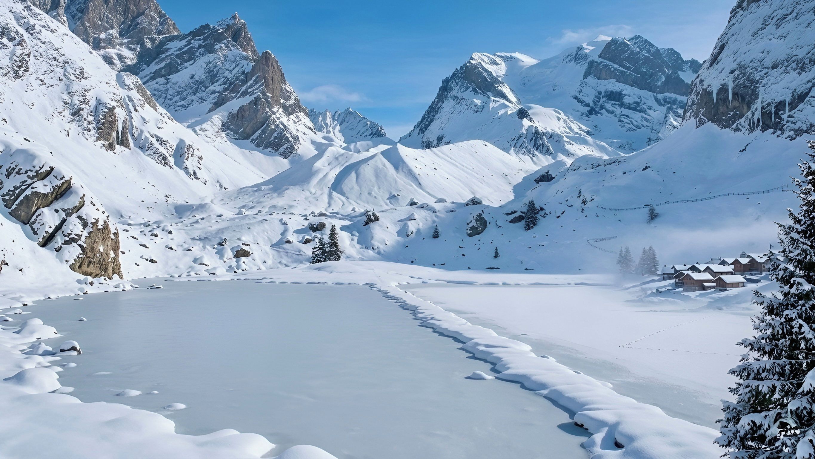 Paisaje nevado de montaña con un lago helado y un pequeño poblado.