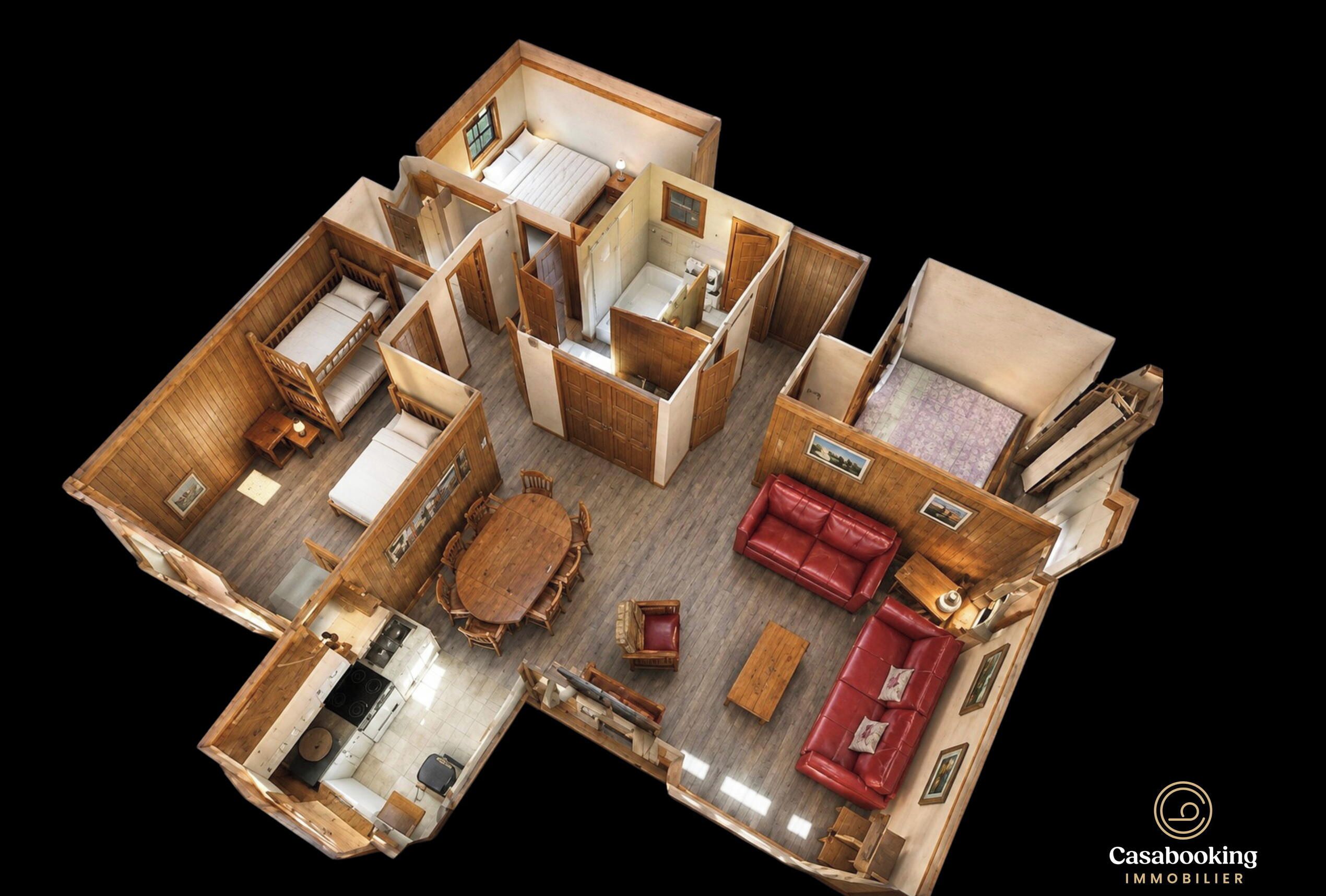 A 3D model of a compact, wood-paneled apartment with a kitchen, dining area, living room, and two bedrooms.