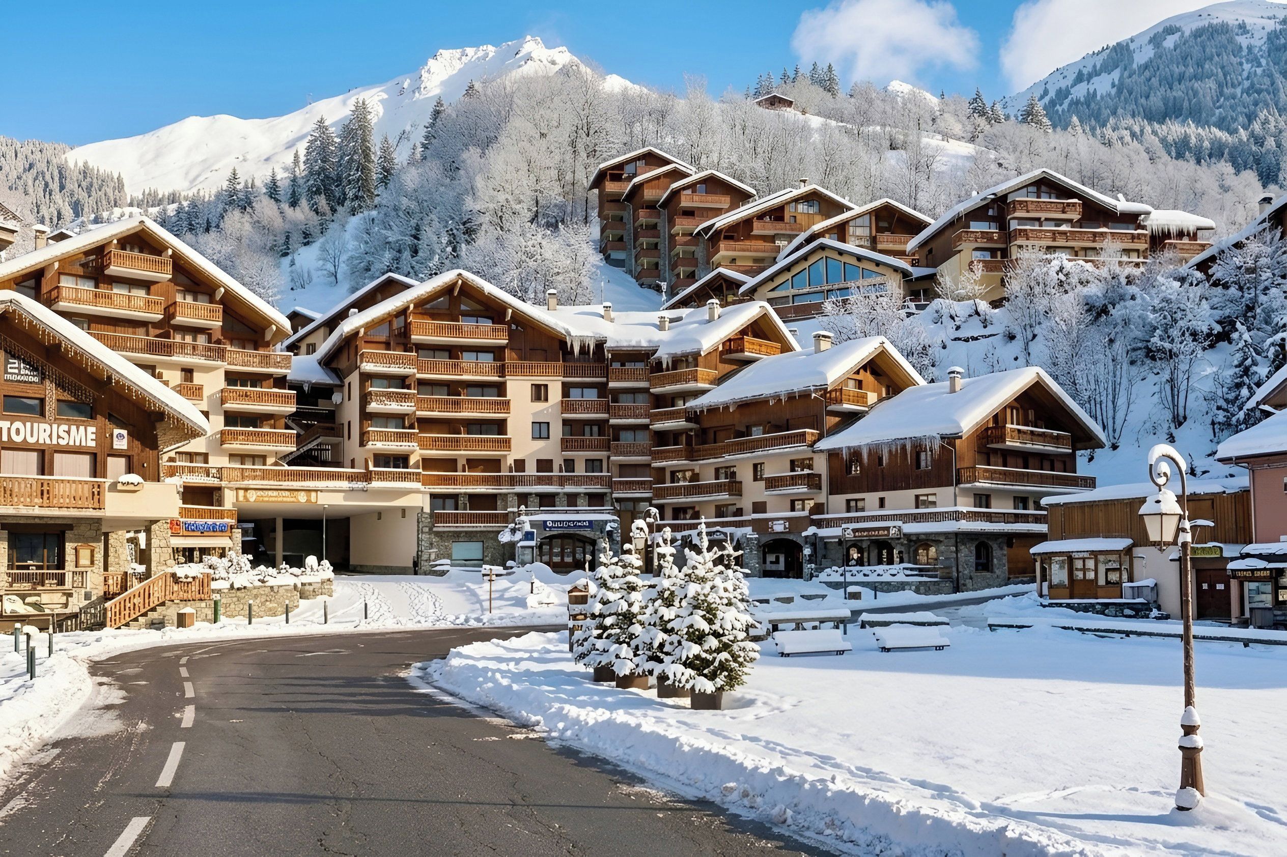 Ein mit Schnee bedecktes Chalet mit mehreren Balkonen und einer Skipiste im Hintergrund.