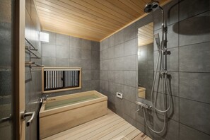 Luxury Villa, Garden View | Bathroom | Separate tub and shower, rainfall showerhead, free toiletries - ROJIYU KYOTO (Kyoto)