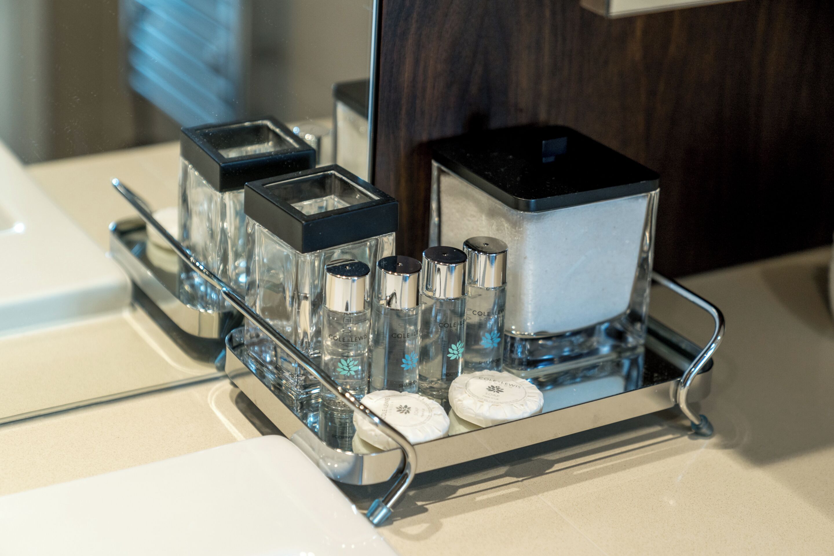 A bathroom vanity with a glass soap dispenser holder, a white soap bar, and a black soap dispenser.