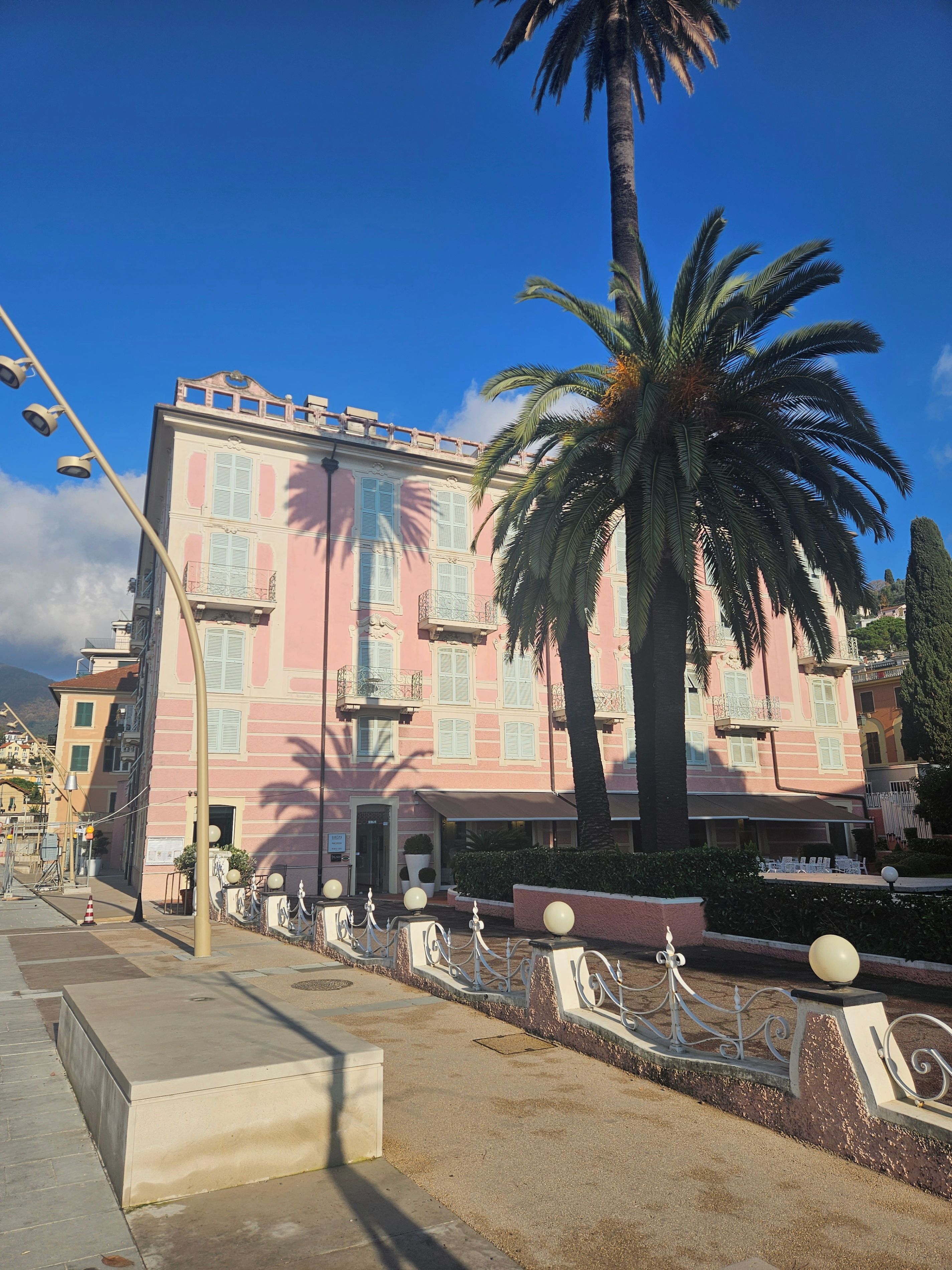 A pink building with balconies and a palm tree in front.