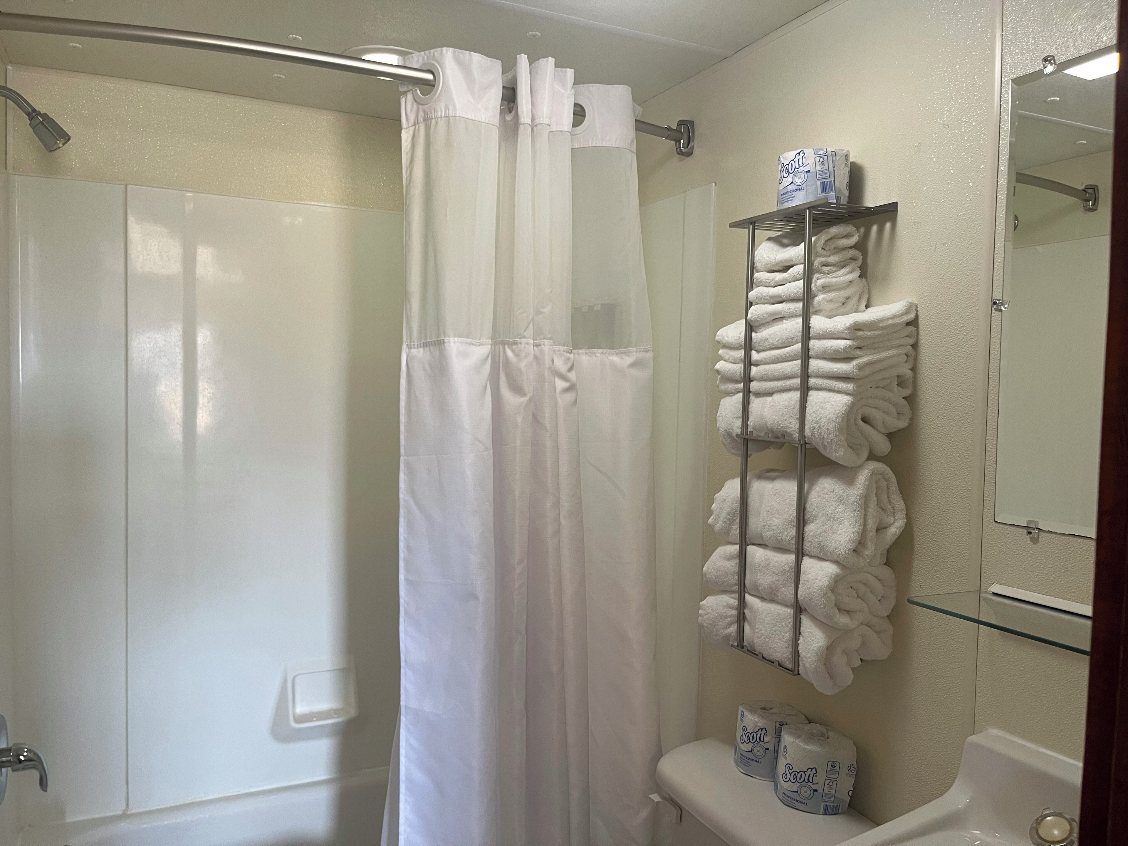 Un baño con cortina de ducha, un perchero con toallas y papel higiénico en la pared.