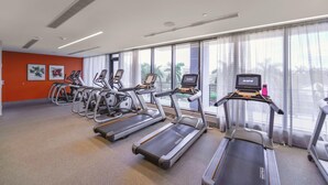 Uma academia com esteiras, bicicletas ergométricas e vista para palmeiras através de grandes janelas.