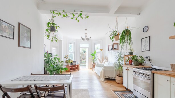 Una cocina luminosa con armarios de madera, una mesa de comedor con sillas y plantas colgantes.