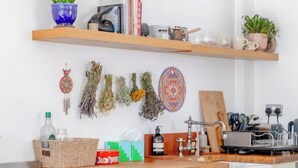 Una cocina con estufa, horno y armarios blancos. Hay repisas sobre la encimera con plantas y libros.