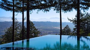 Una piscina infinita con vistas despejadas a un paisaje montañoso y altos pinos.