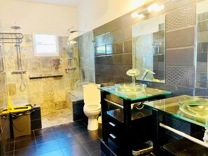 Hair dryer, bidet, towels, soap