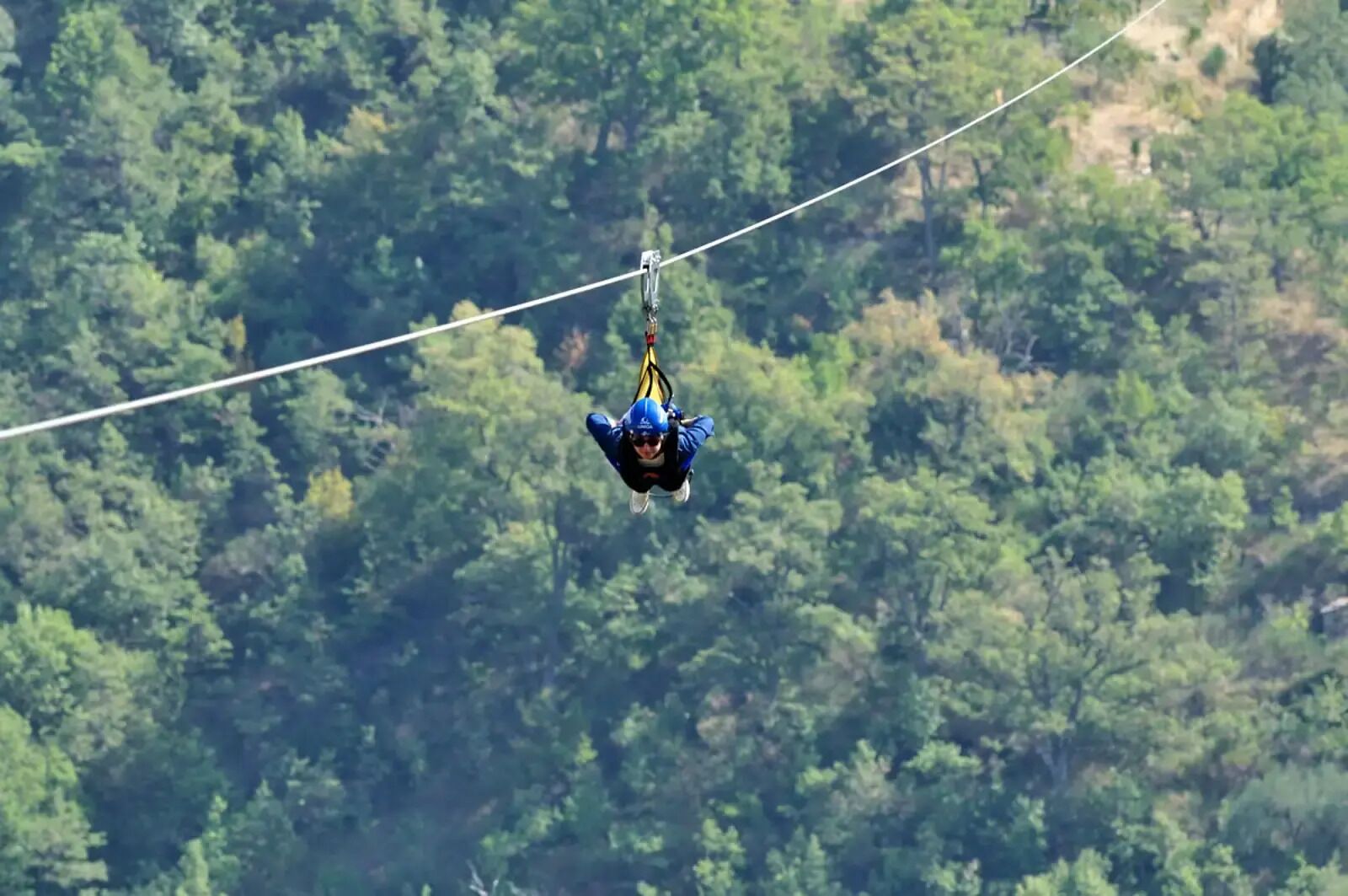 A person bungee jumping from a high point with a forested landscape below.