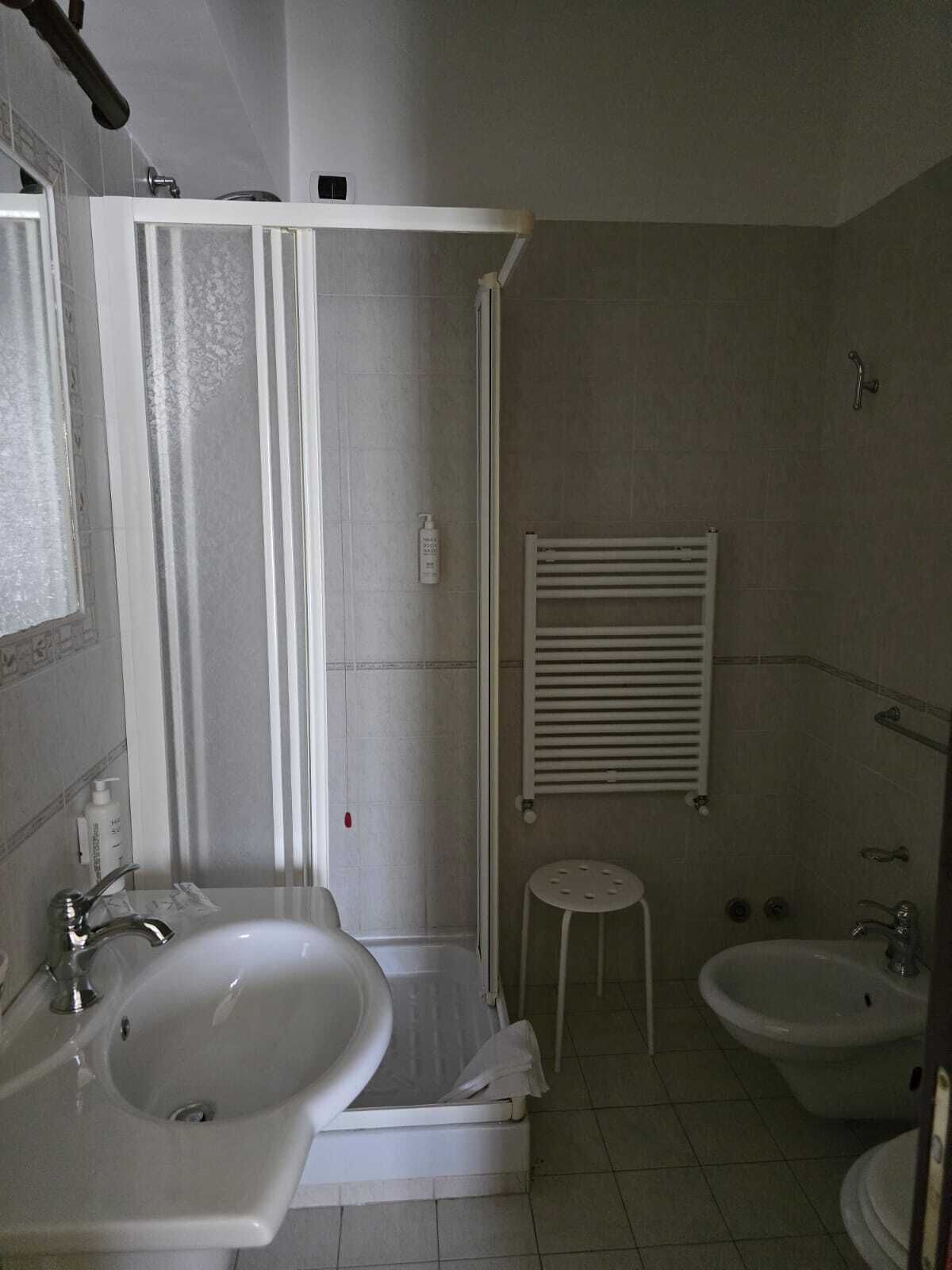 A bathroom with a shower, two sinks, and a toilet.