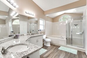 Enjoy a spacious bathroom with a granite countertop sink, separate vanity, bathtub, and glass-enclosed shower.