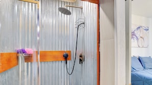 Eine Dusche mit Duschhandstück und Wandarmatur.