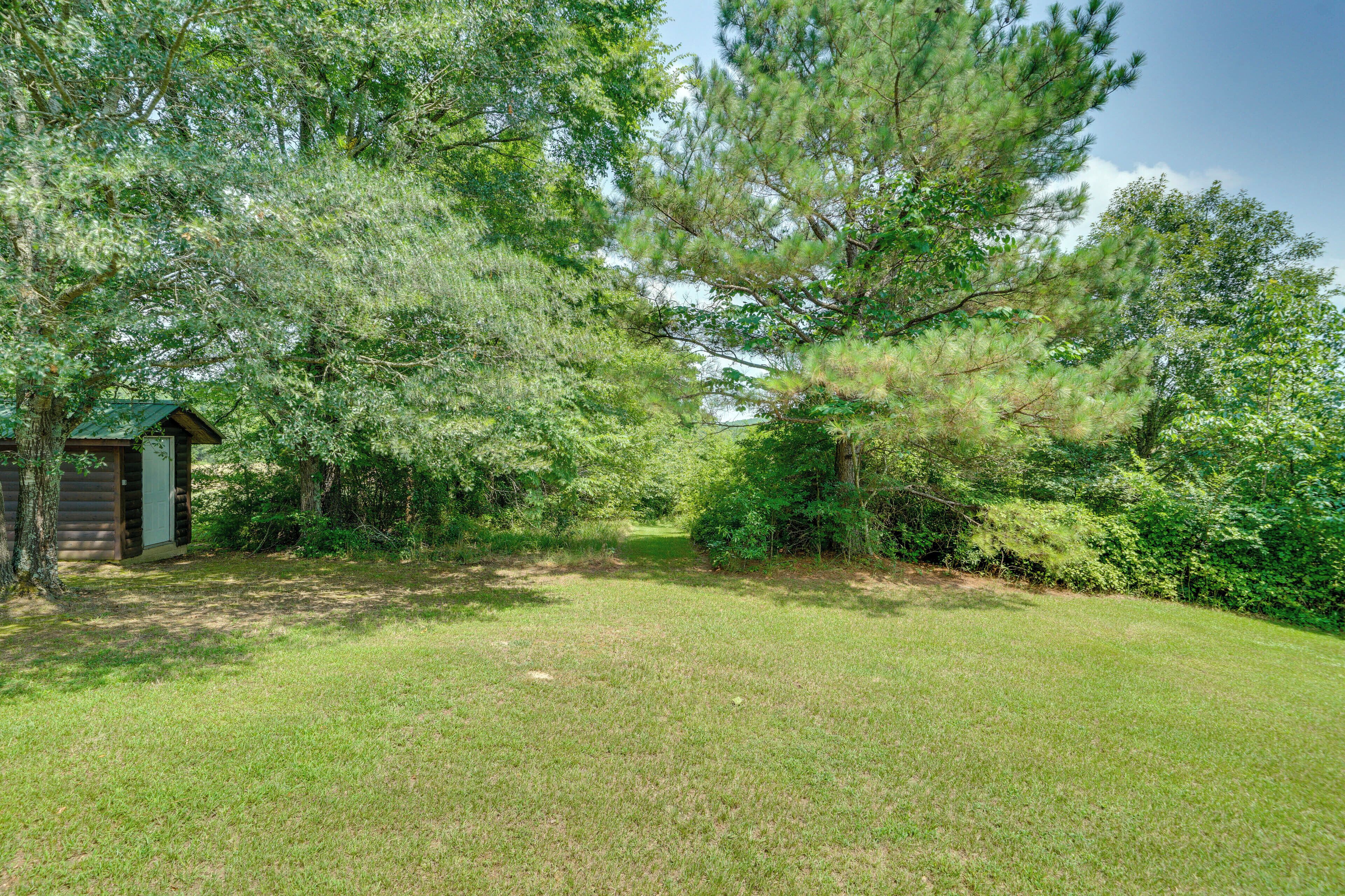 A grassy area with a small wooden cabin and dense trees.