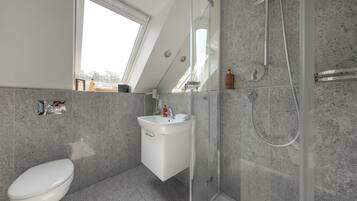 Een moderne badkamer met dakraam, douche en toilet.