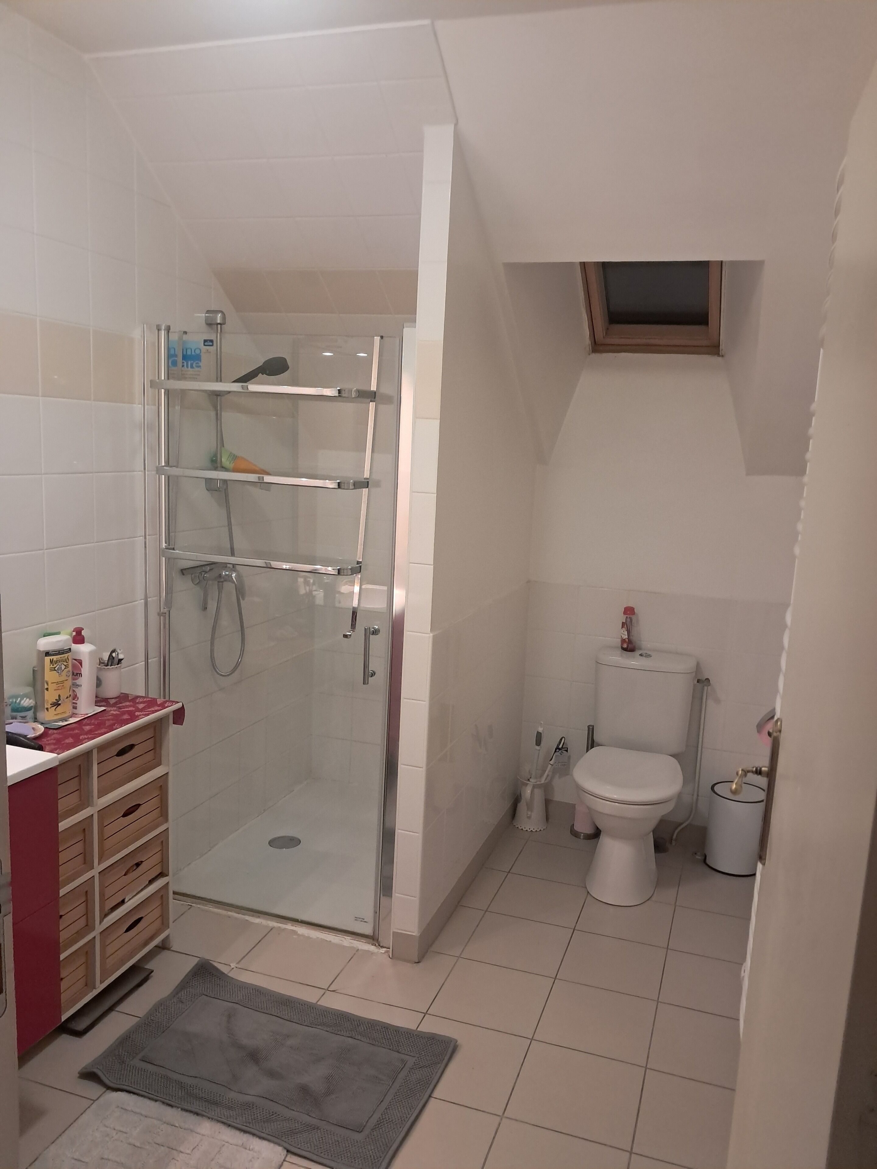 Een douche, zeep, shampoo, toiletpapier