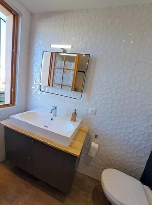Hair dryer, towels, soap, shampoo