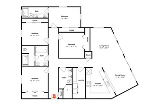 Ein Grundriss eines Hotels mit mehreren Schlafzimmern, einem Wohnzimmer, einem Esszimmer, einer Küche und einem Badezimmer.