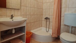 A bathroom with a sink, toilet, shower, and a mirror. - Studio apartment with Garden view 305 (Neum)