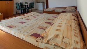 A small, simple room with a bed, a desk, and a kitchenette. - Studio apartment with Garden view 305 (Neum)