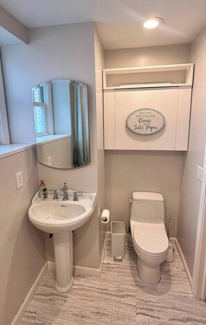 Hair dryer, towels, soap, toilet paper