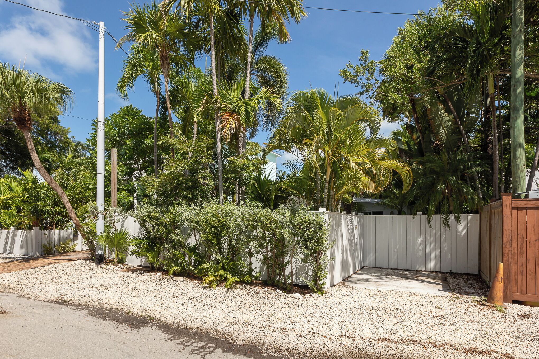 Uma área residencial com cerca branca, palmeiras e um caminho de acesso de cascalho.