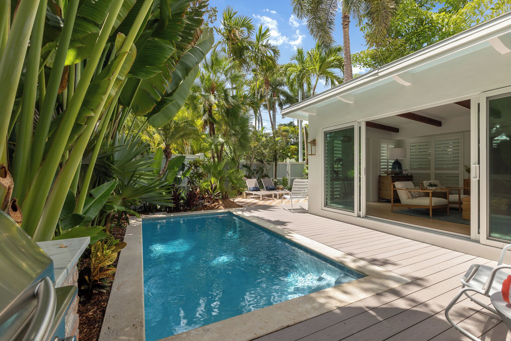 A pool with a wooden deck, surrounded by tropical plants and palm trees.
