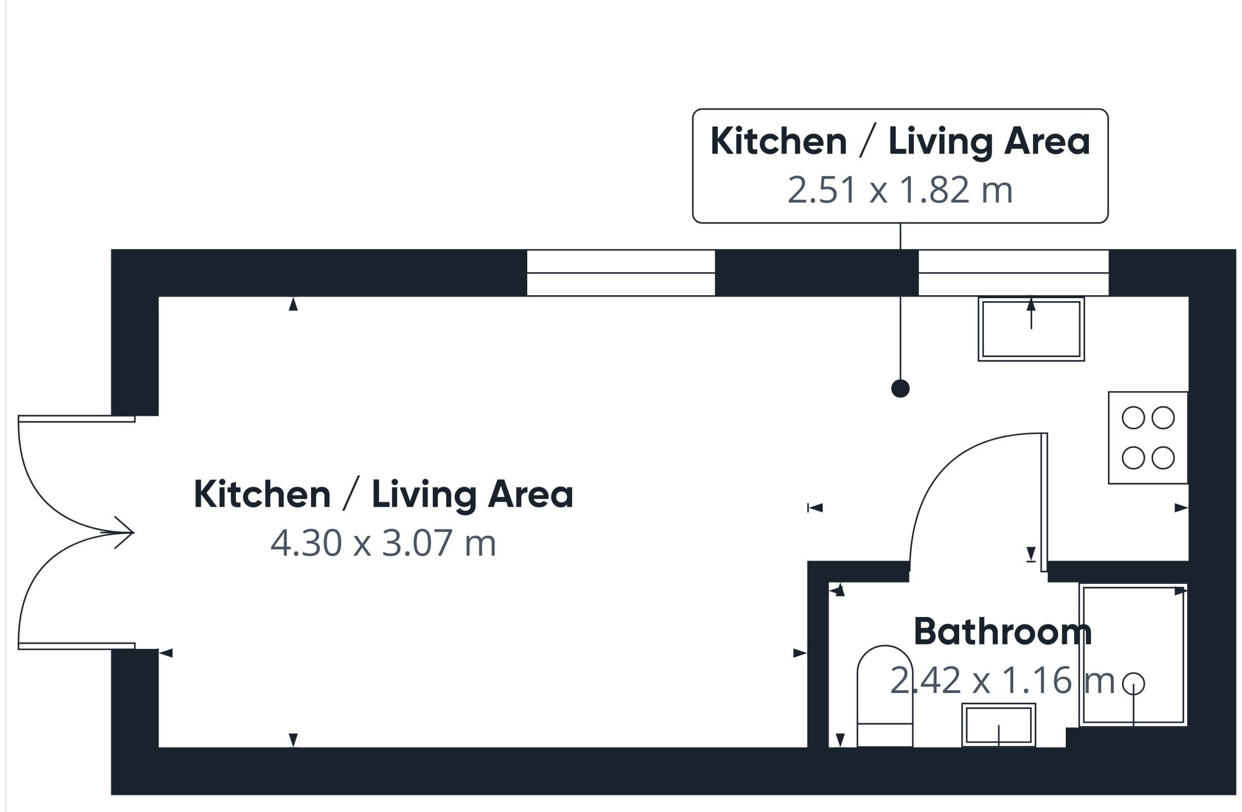 A floor plan of a house with two kitchens/living areas measuring 2.51 x 1.82 m and 4.30 x 3.07 m, and a bathroom measuring 2.42 x 1.16 m.