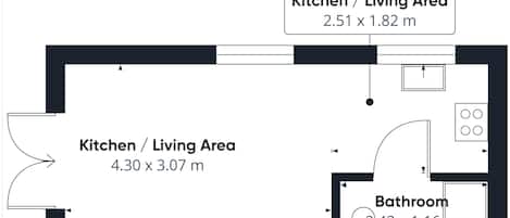 A floor plan of a house with two kitchens/living areas measuring 2.51 x 1.82 m and 4.30 x 3.07 m, and a bathroom measuring 2.42 x 1.16 m.