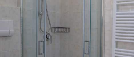 A glass-enclosed shower stall with a white toilet to the left.