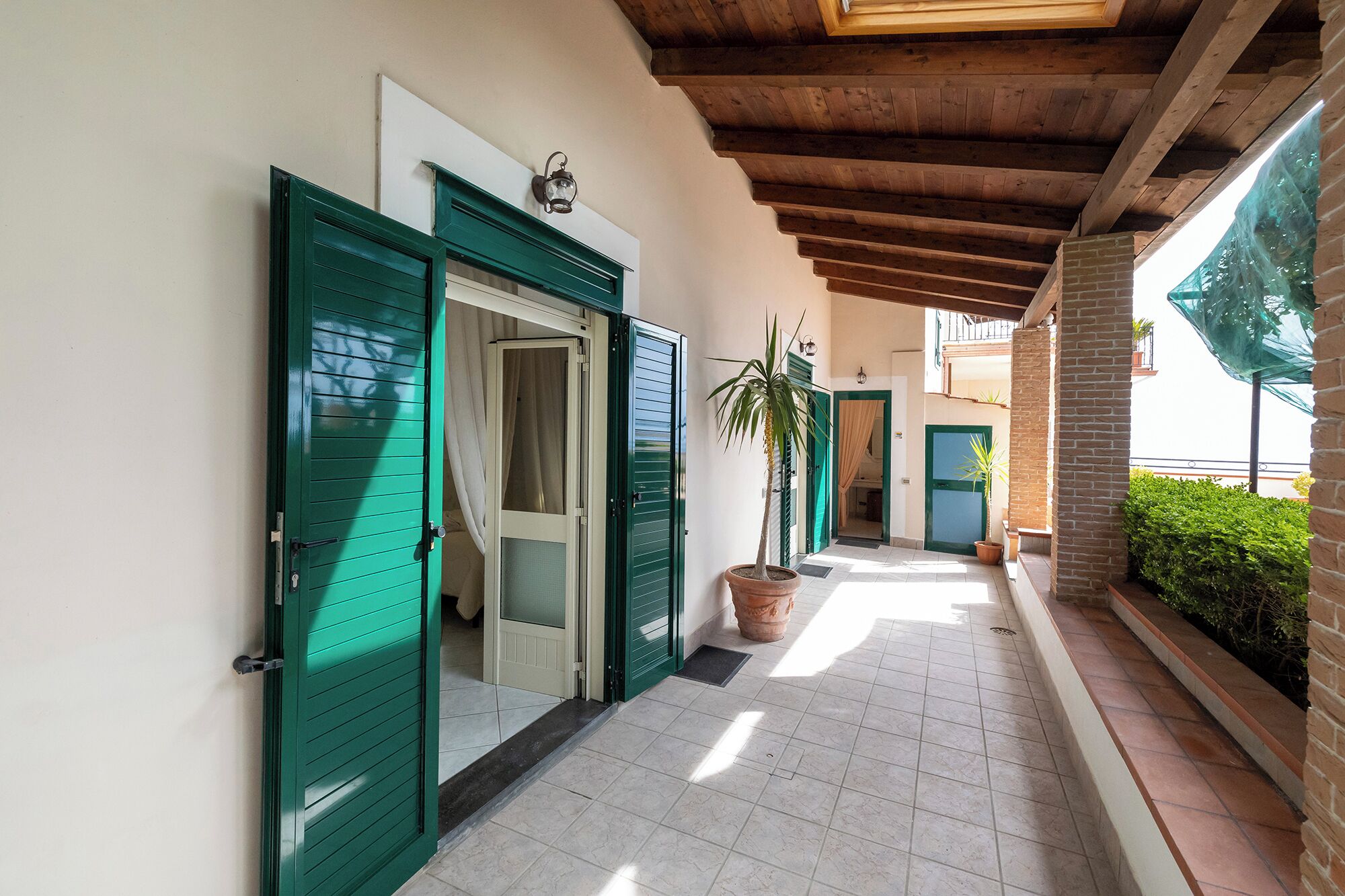 A corridor with green doors, a potted plant, and a tiled floor.