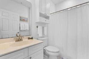 Hair dryer, towels, soap, shampoo