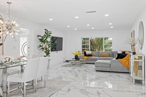 Smart TV, fireplace, video games, table football