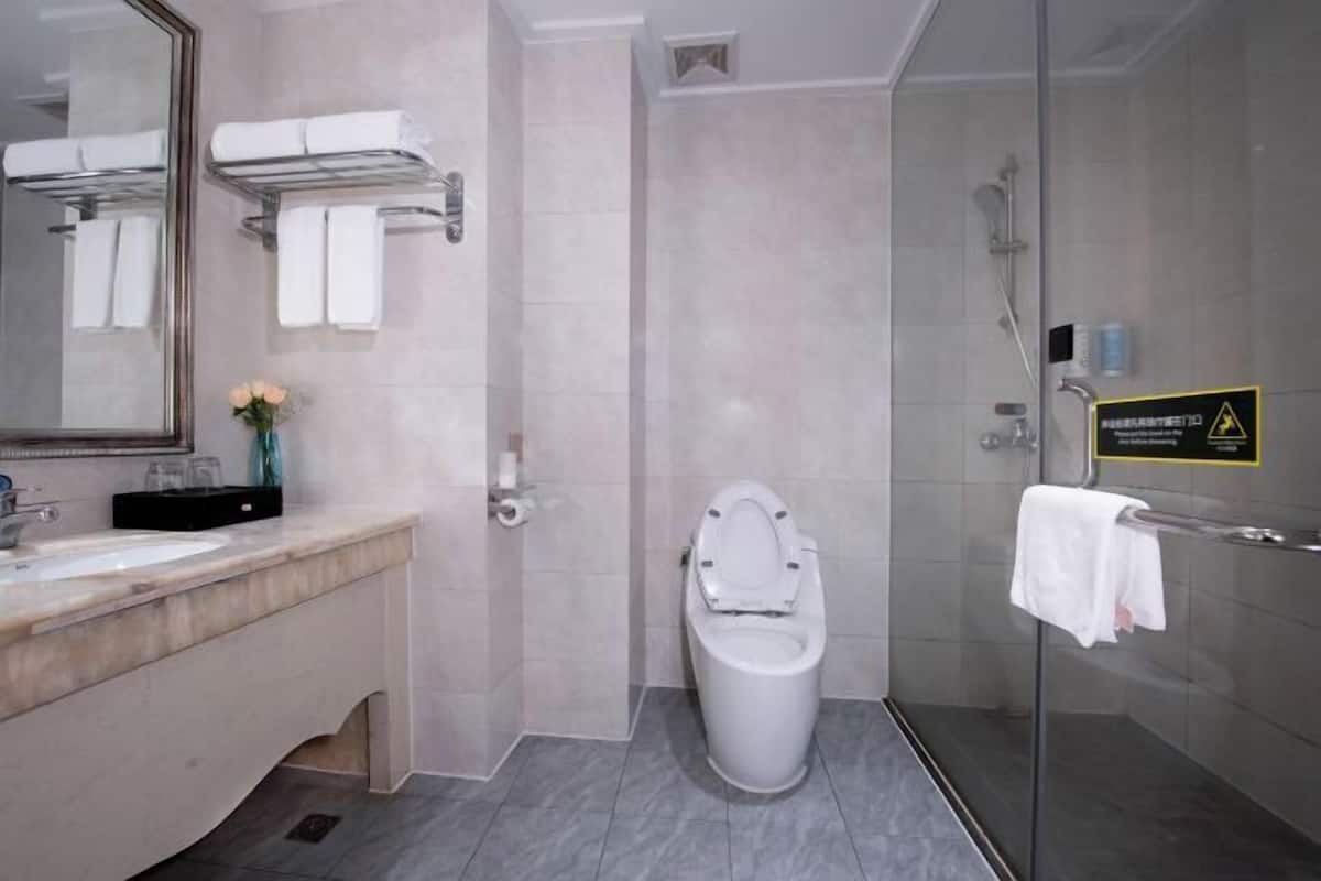 A modern bathroom with a toilet, a sink, a mirror, and a shower area.