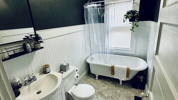 Hair dryer, towels, soap, shampoo