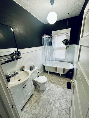 Hair dryer, towels, soap, shampoo