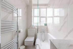 Shower, hair dryer, shampoo