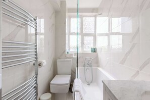 Shower, hair dryer, shampoo