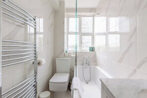 A modern bathroom with a glass shower enclosure, a toilet, and a bathtub.