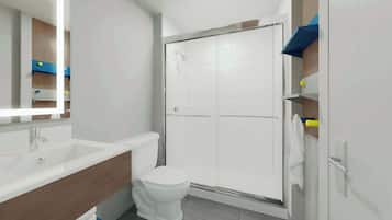 Combined shower/tub, free toiletries, hair dryer, towels