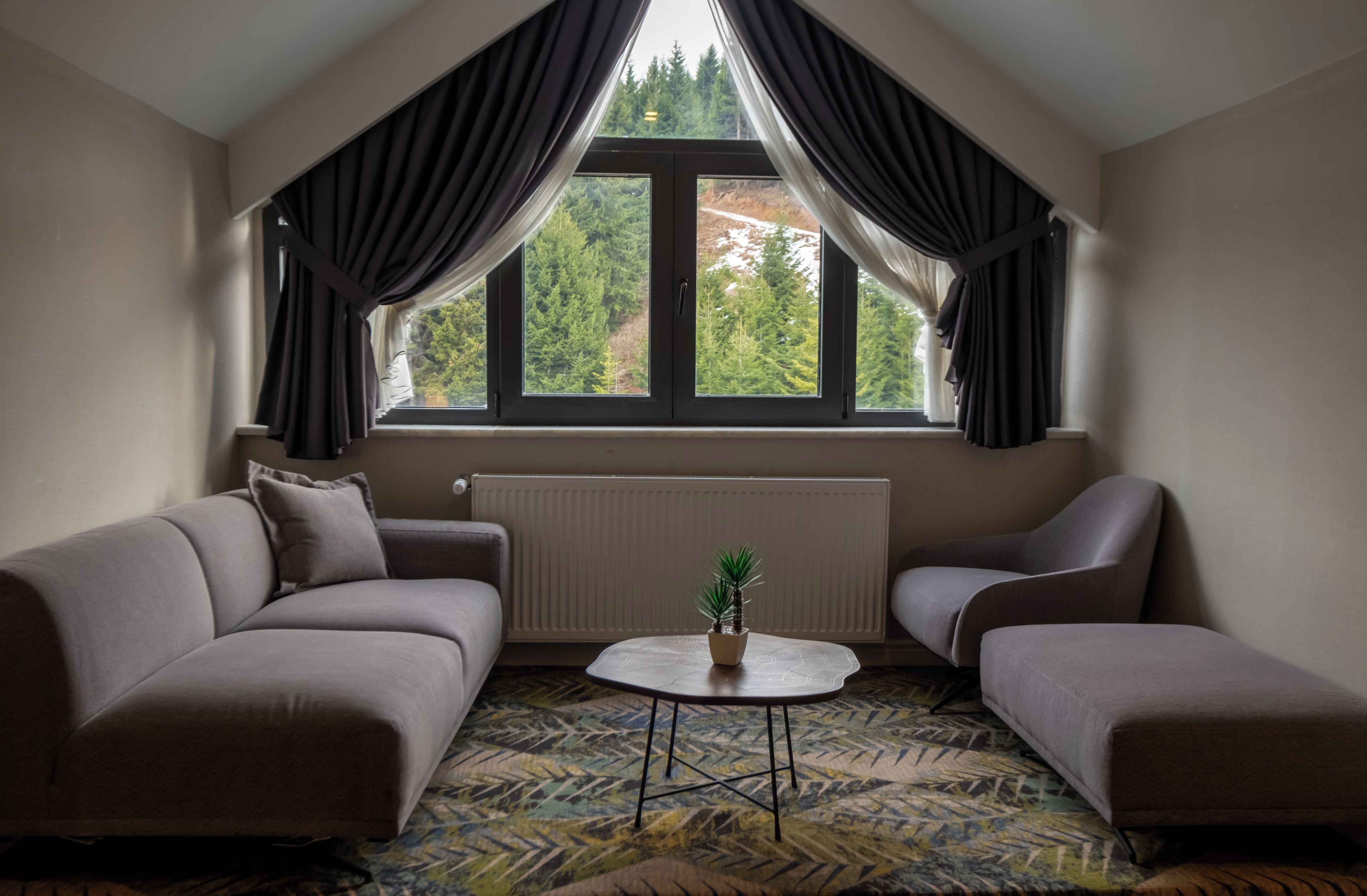 A modern living room with a sloped ceiling, two sofas, a small table with a plant, and a large window with curtains.