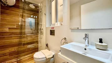 Hair dryer, towels, soap, toilet paper