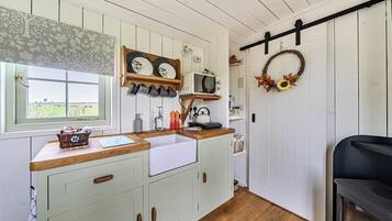 A kitchen with a wooden countertop, a sink, cabinets, a microwave, and a hearth.