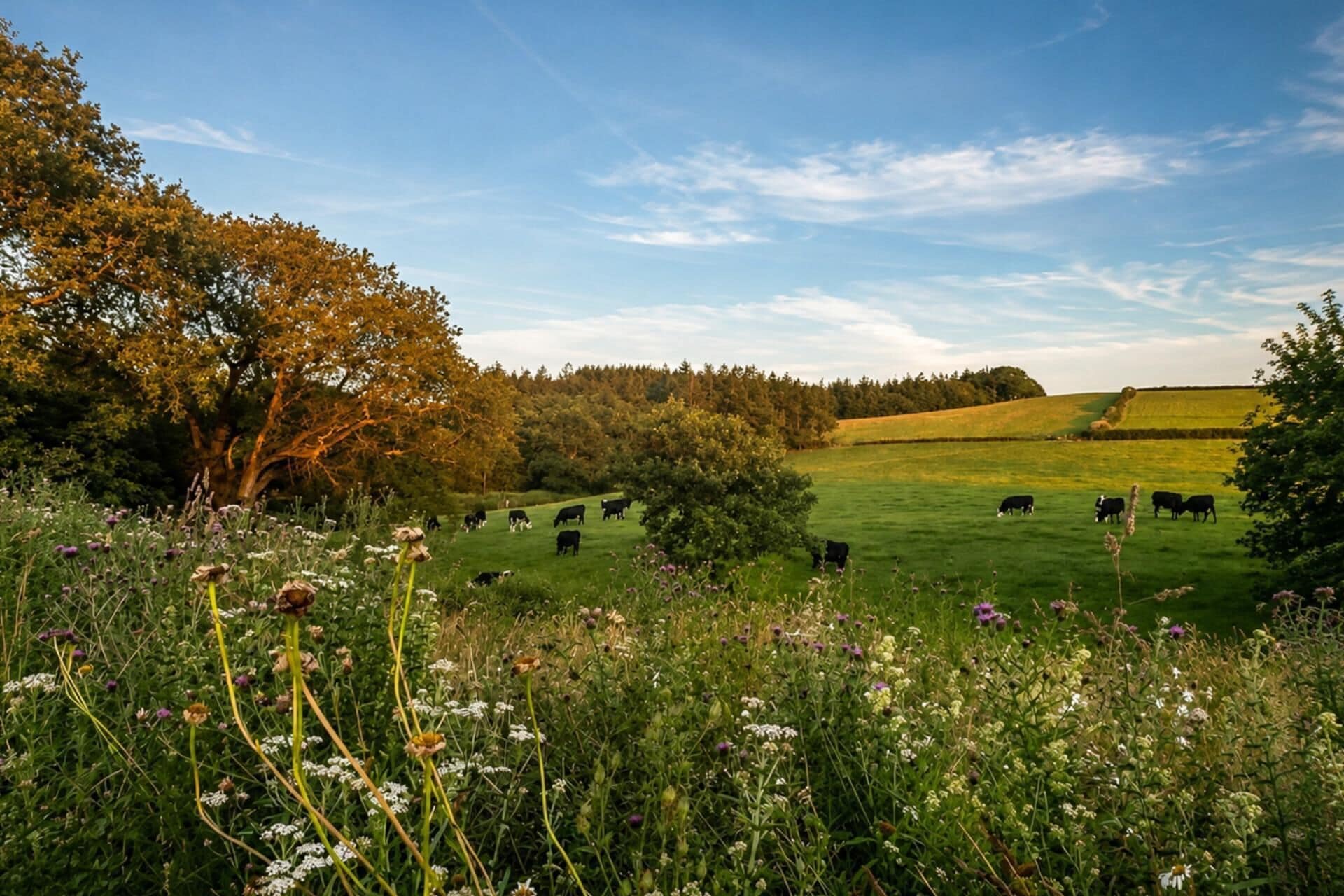 A rural landscape with a field of grazing cows, trees, and a clear sky.