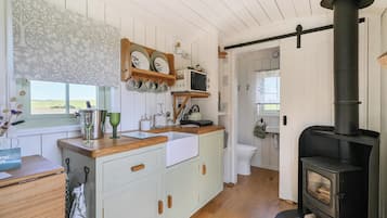 Una cocina con estufa de leña, ventana con vistas y un lavamanos.